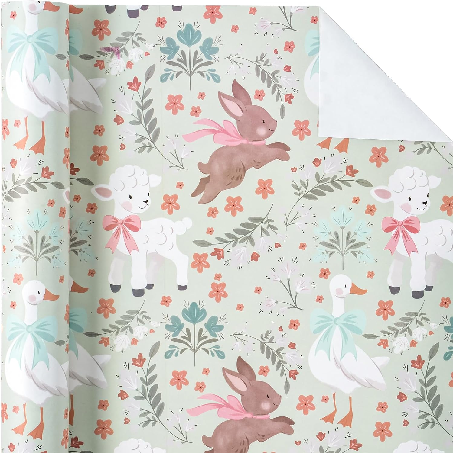 WRAPAHOLIC Kraft Easter Wrapping Paper Roll - Mini Roll - 17 Inch x 33 Feet - Bunny, Sheep, Goose with Bow Wrapping Paper Perfect for Easter, Baby Shower, Party image 2