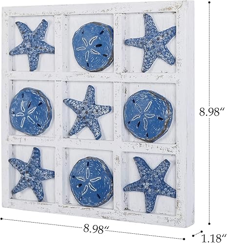 Miniatura 6 de NIKKY HOME Decoración de playa Tic Tac Toe 5 dólares de arena y 5 piezas de estrella de mar Juego de viaje en tablero de madera para decoración de