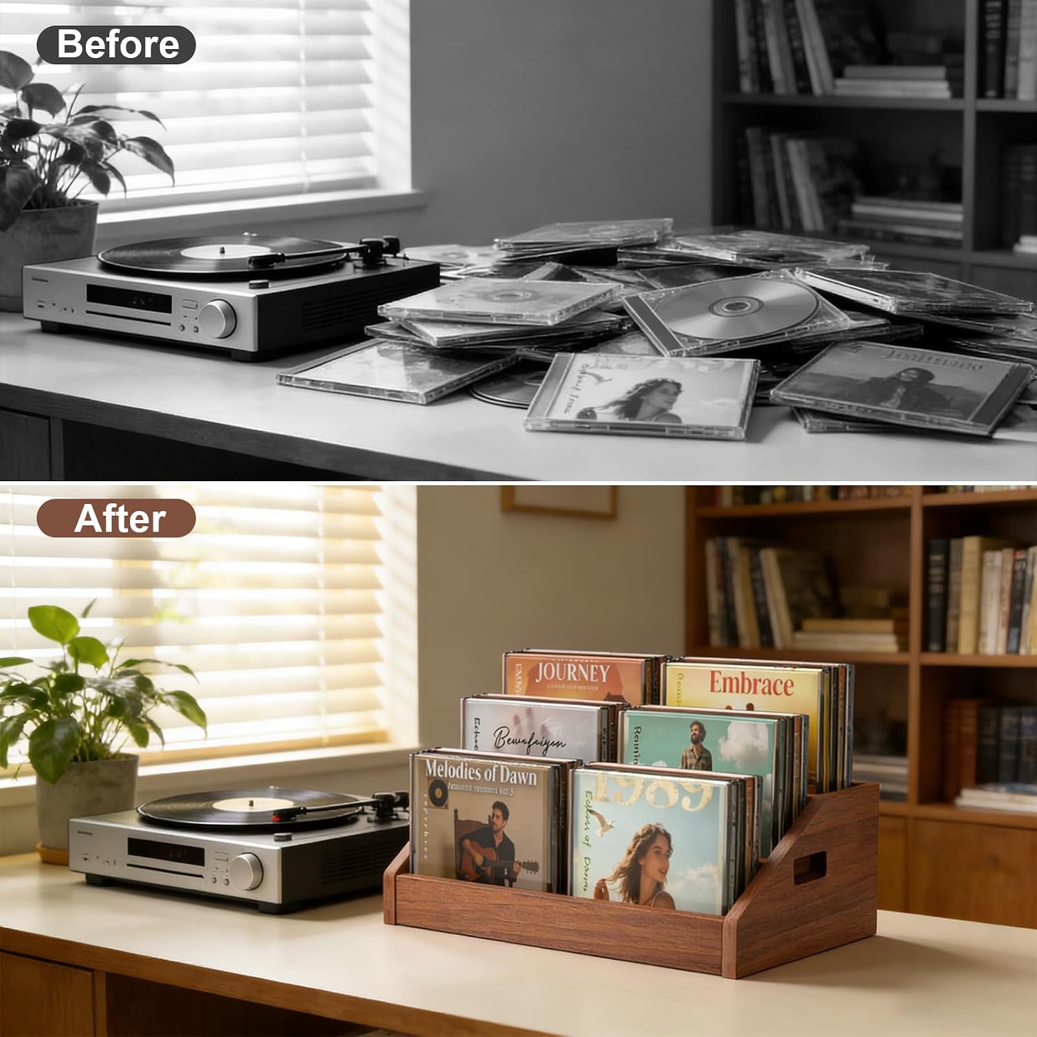 CD Holder,3 Tier CD Storage Rack,Wood CDs DVD Display Stand,CDs Organizer with Handles,Hold Up to 24 Jewel Cases for DVD,Cassette,Tape,Home Office,Music Lovers, Rustic Brown