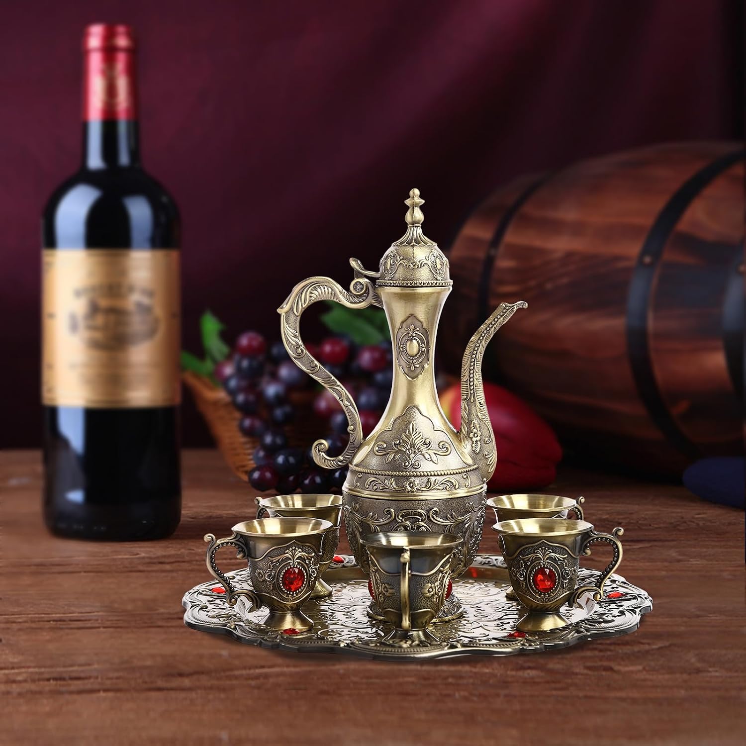 Tea Service Set, Tea Pot Set, Vintage Coffee Pot and Cups Set, Tea Service Set for Tea Table Decor, Vintage Tea Set, Turkish Tea Set, for Living Room, Dining Room, Bedroom, Coffee Shop (Bronze+Red)