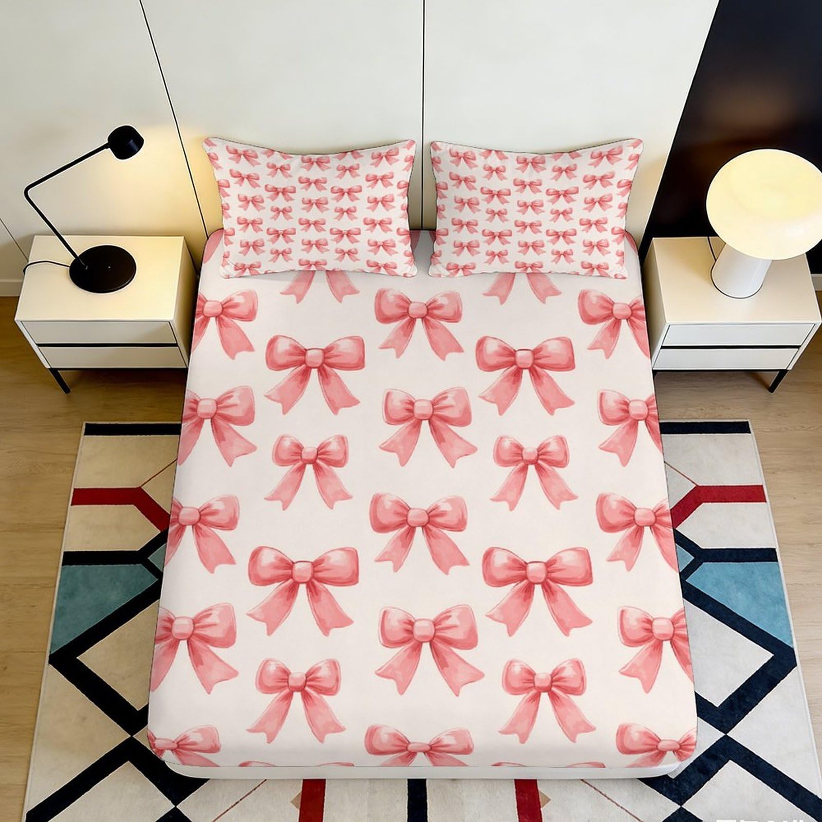 Jqzkxnhpbr Style-3 3D Printed Pink Bow Fitted Sheet Microfiber Soft Decorative Ribbon Pattern Mattress Cover For Bedroom Guest Room 90X200x25cm