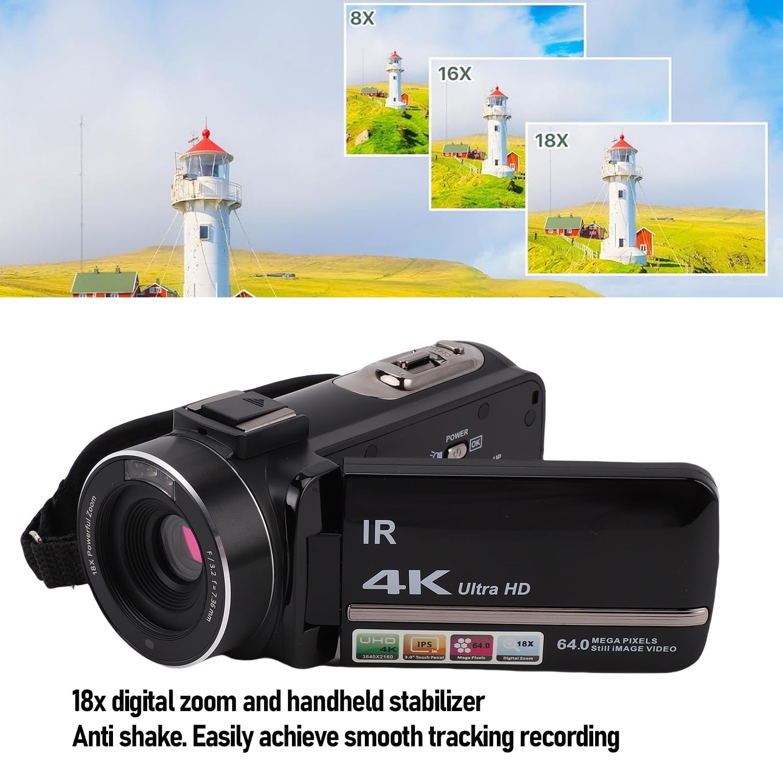 Elprico Videocámara 4K Cámara Vlogging de 64MP para Youtube Pantalla Táctil de 3.0" Zoom Digital 18X con Micrófono Estéreo Externo, Control Remoto, Parasol, Estabilizador de Mano,