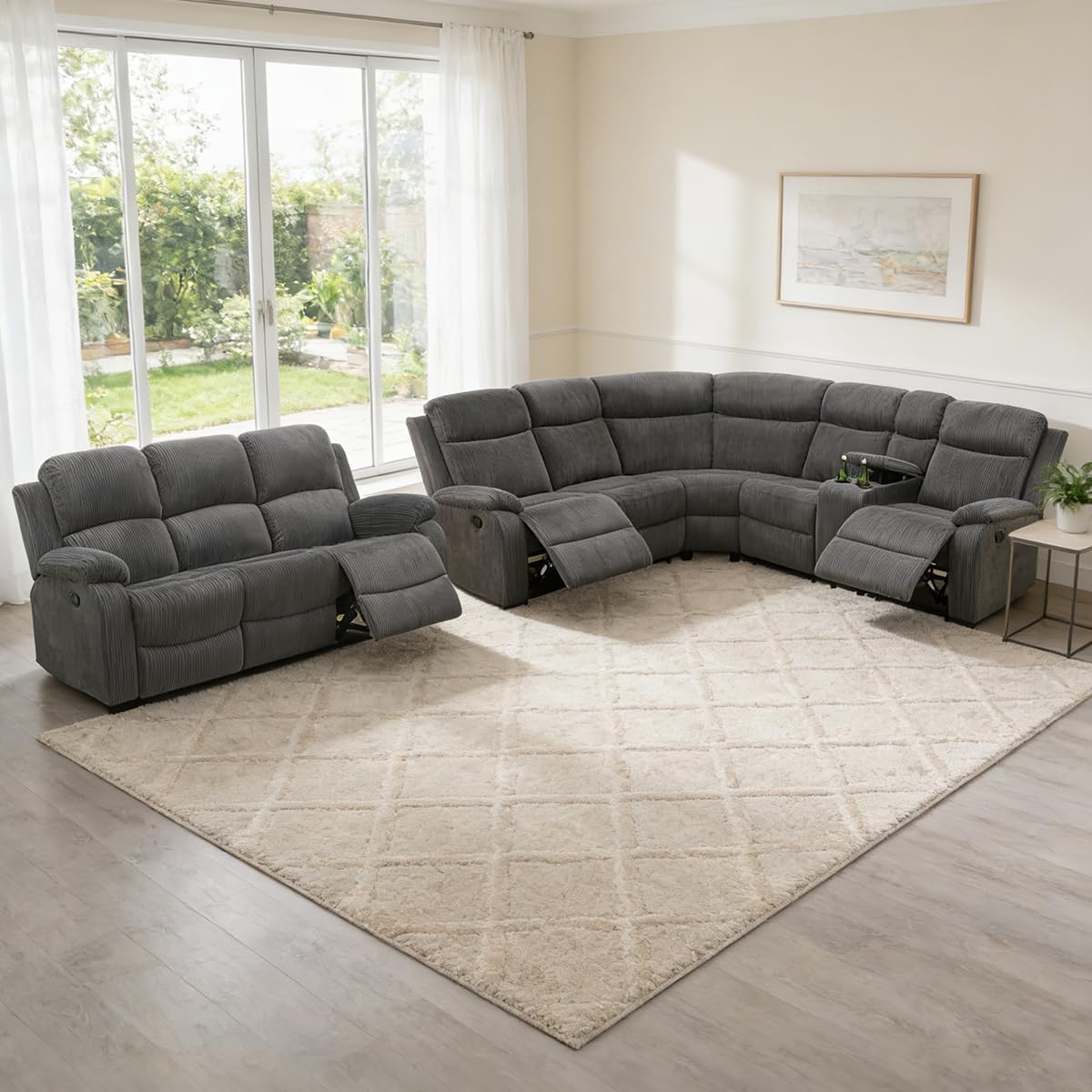 Manual Reclining Sectional Sofa Set, Sectional Couches with Cup Holders & Storage, Corduroy Fabric Recliner Furniture Sets, 5 Seat Modern L-Shaped Couch for Living Room/Office, Peanut Color