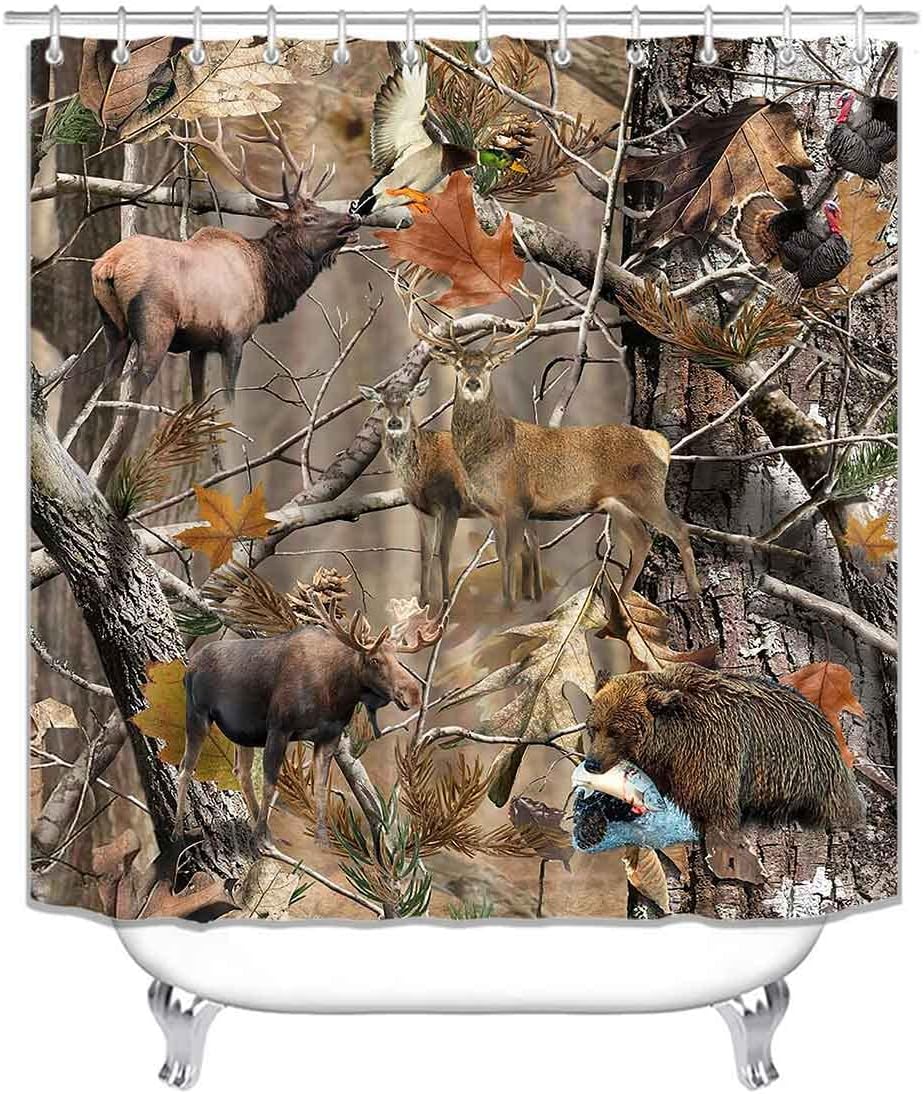OLEBETY 4PCS/Set Camo Deer Shower Curtain, Elk Moose Bear Mallard Duck Turkey Animal Hunting Fishing Woodland Lodge Rustic Cabin Bathroom Decor, Non-slip Bath Rugs Toilet Mats, Gifts for Men, Wildlife : Home & Kitchen