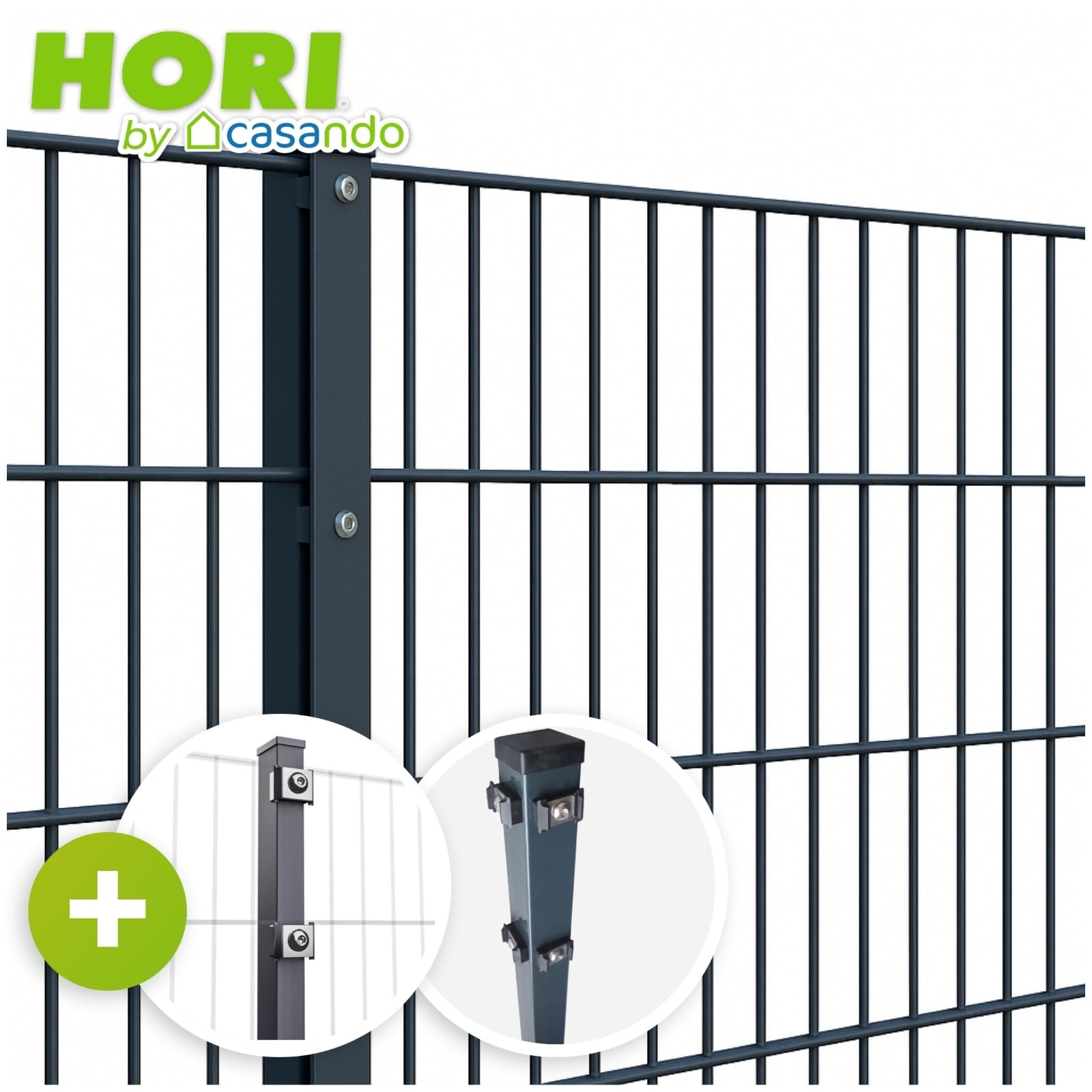 HORI Doppelstabmattenzaun Drahtstärke 6/5/6 mm Komplettset - je Gittermatte 201 cm - wahlweise mit Eckpfosten - verschiedene Längen und Höhen - Farbe Anthrazit Höhe 123 cm, Länge 2 m