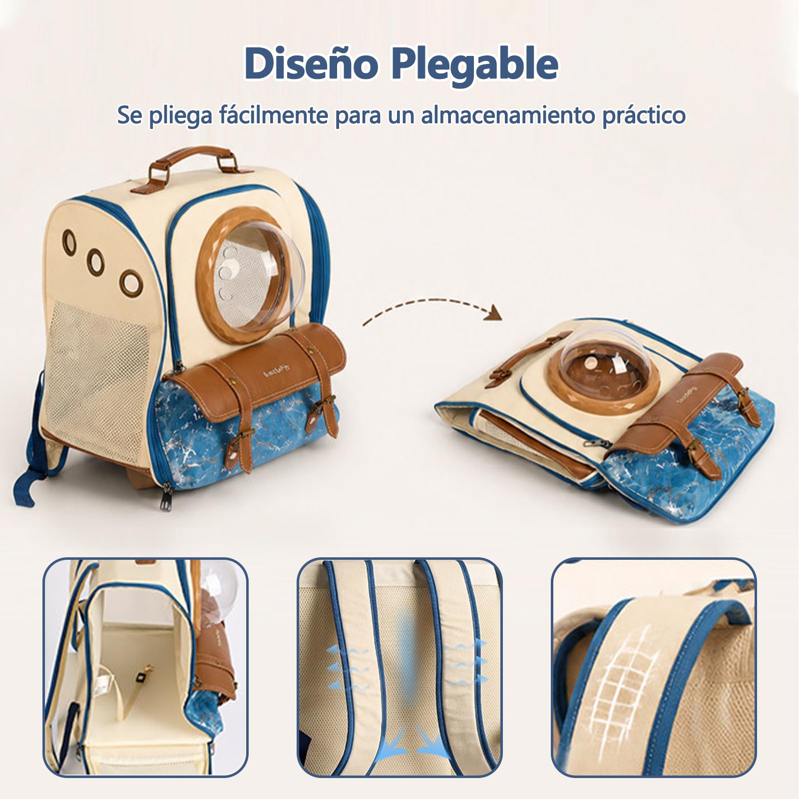Galatée Transportín para Mascotas, Diseño Panorámico Transparente De 360°, Interior Espacioso, Material 100% Algodón, Correas De Hombro Reforzadas (Estilo Mochila)