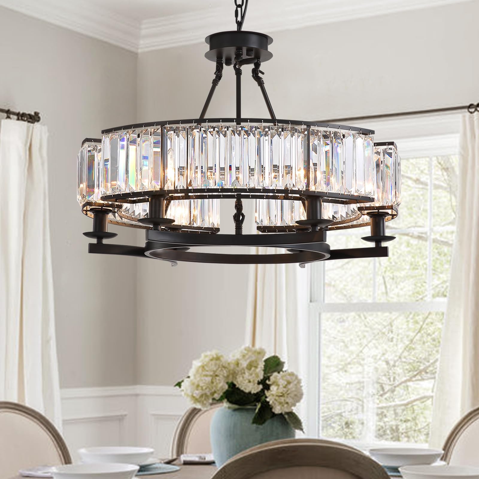 NOXARTE Round Crystal Chandelier 6 Lights Hanging Chandelier Pendant Light Ceiling Fixture Black Iron Frame for Dining Room Living Room Farmhouse D26 Inch x H20 Inch