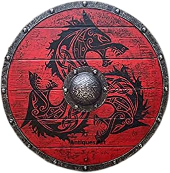 HIGHBIX Medieval Vikings Era Adult Size 24" Shield Handmade Natural Wood & Iron Battle Play Halloween Warrior Cosplay Dark Red