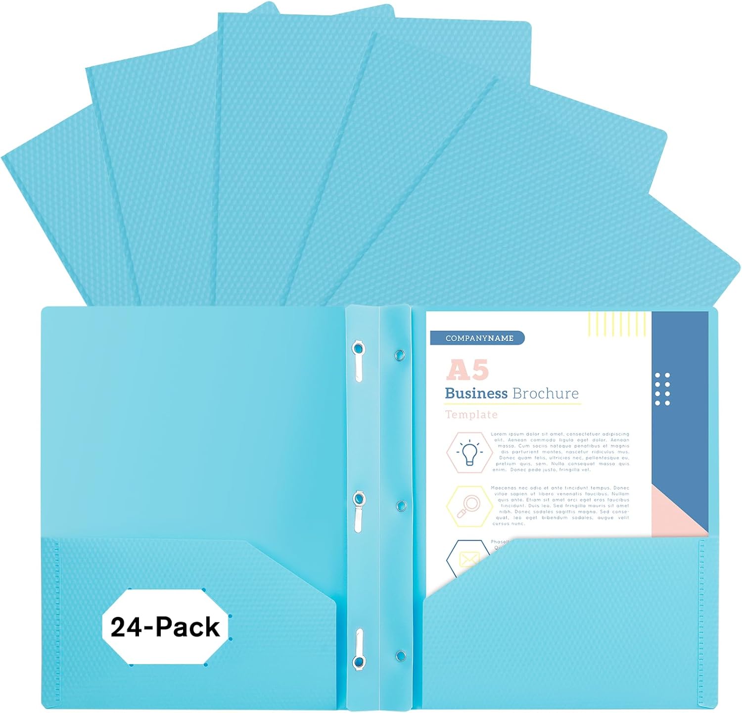 24-Pack Plastic andPockets and Prongs,2-Pocket and3 Fasteners, Pastel Folders Holds 8-1/2" x 11" Paper for School/Office/Home, Blue