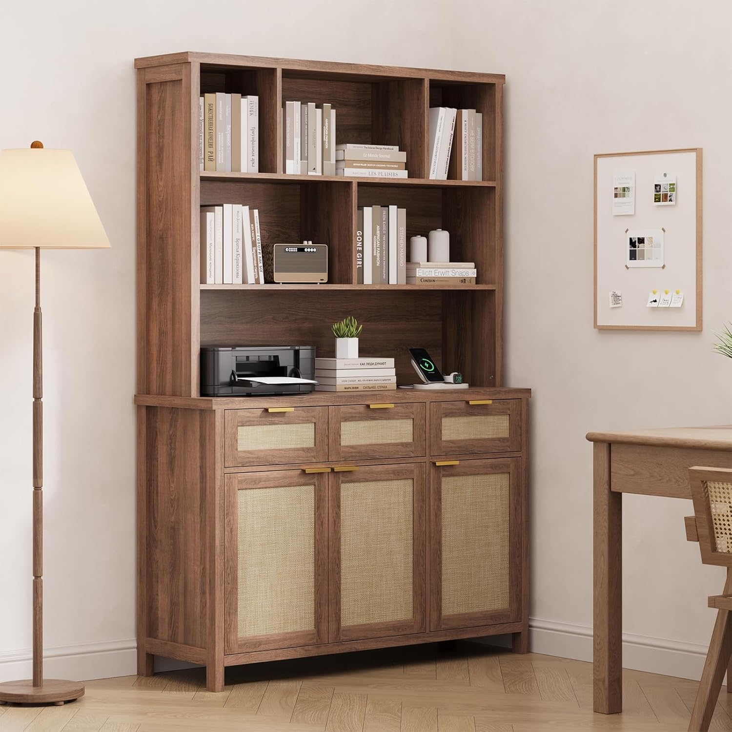 71" Tall Bookshelf, 5-Tier Bookcase with Rattan Doors, Wood Farmhouse Bookcase with 3 Storage Drawers & Cabinet, 4 AC Outlets & 2 USB, for Home Office, Living Room, Walnut