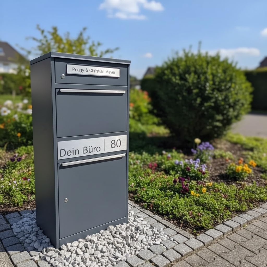 Metzler Paketbox, Briefkasten mit großem Paketfach in Anthrazit, personalisierte Paketbox für draußen, Standbriefkasten mit Paketfach, Paketkasten, Postbox mit Gravur, rostfrei und massiv - Bispo 2