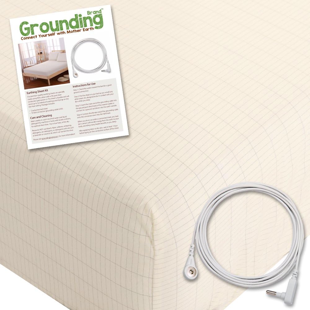 Fitted Queen Size Sheet with Earth Connection Cable, 400TC Conductive Mat with Pure Silver Thread for Better Sleep and Healthy Earth Energy, Natural Tan