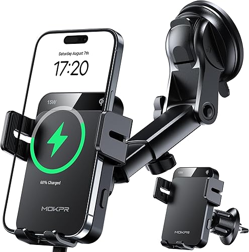 MOKPR Cargador inalámbrico para automóvil, 15 W, sujeción automática, cargador de automóvil, salpicadero, parabrisas, ventilación de aire, soporte