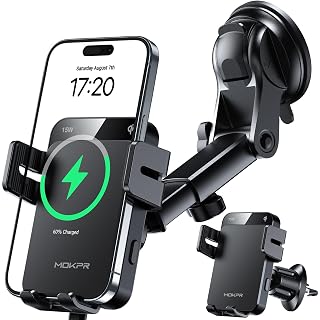 MOKPR Wireless Car Charger, 15W Auto Clamping Car Charger Dash Windshield Air Vent Phone Holder Compatible with iPhone 16 15 14/13/13 Pro/12 pro/12/11/X/8, Samsung S24/S23/S22 - Amazon product rated Grade A