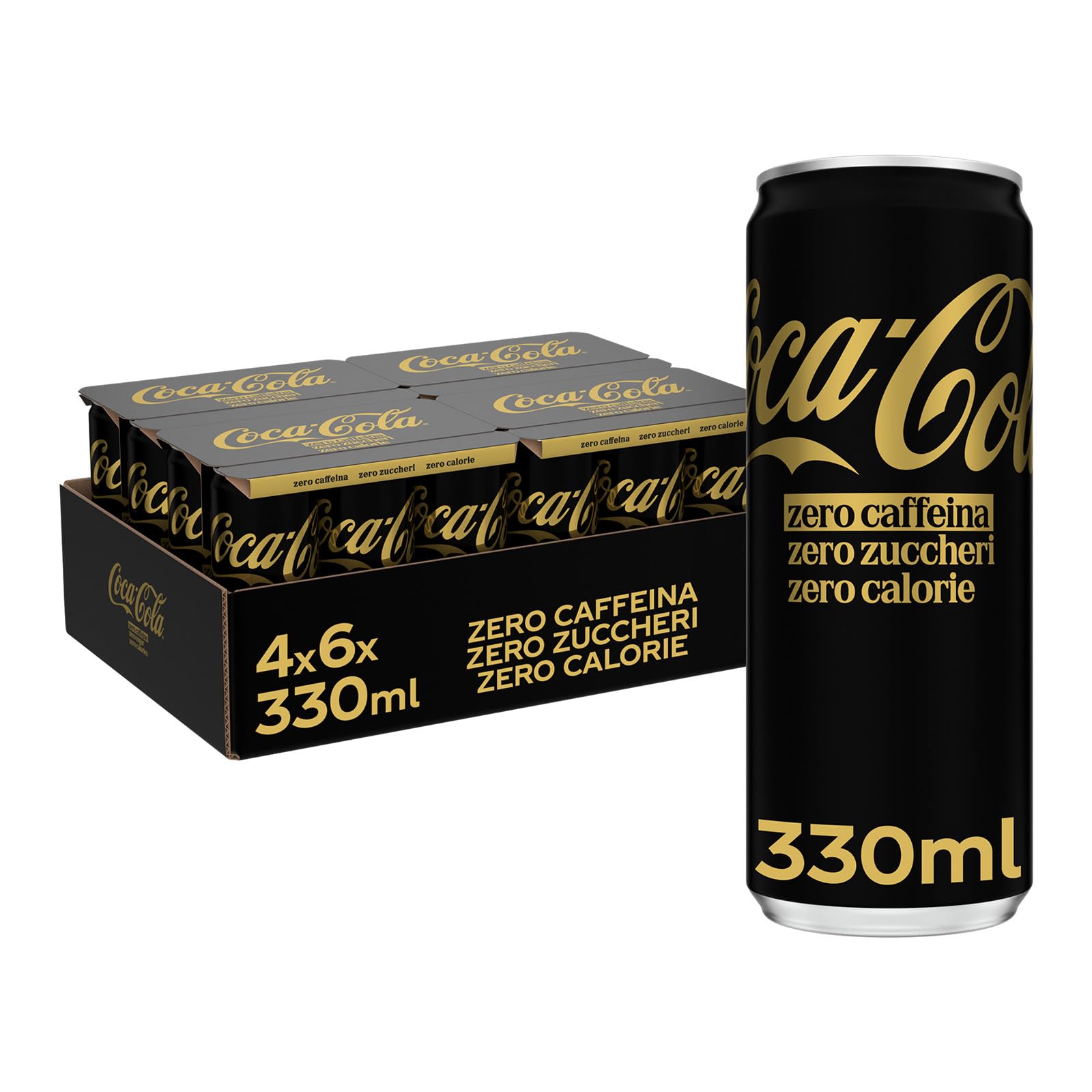 Coca-Cola Zero Zucker Zero Koffein, Der ganze Geschmack der Coca-Cola-Formel ohne Kalorien und ohne Koffein, 100% recycelbare Dose - 24 Dosen à 330 ml