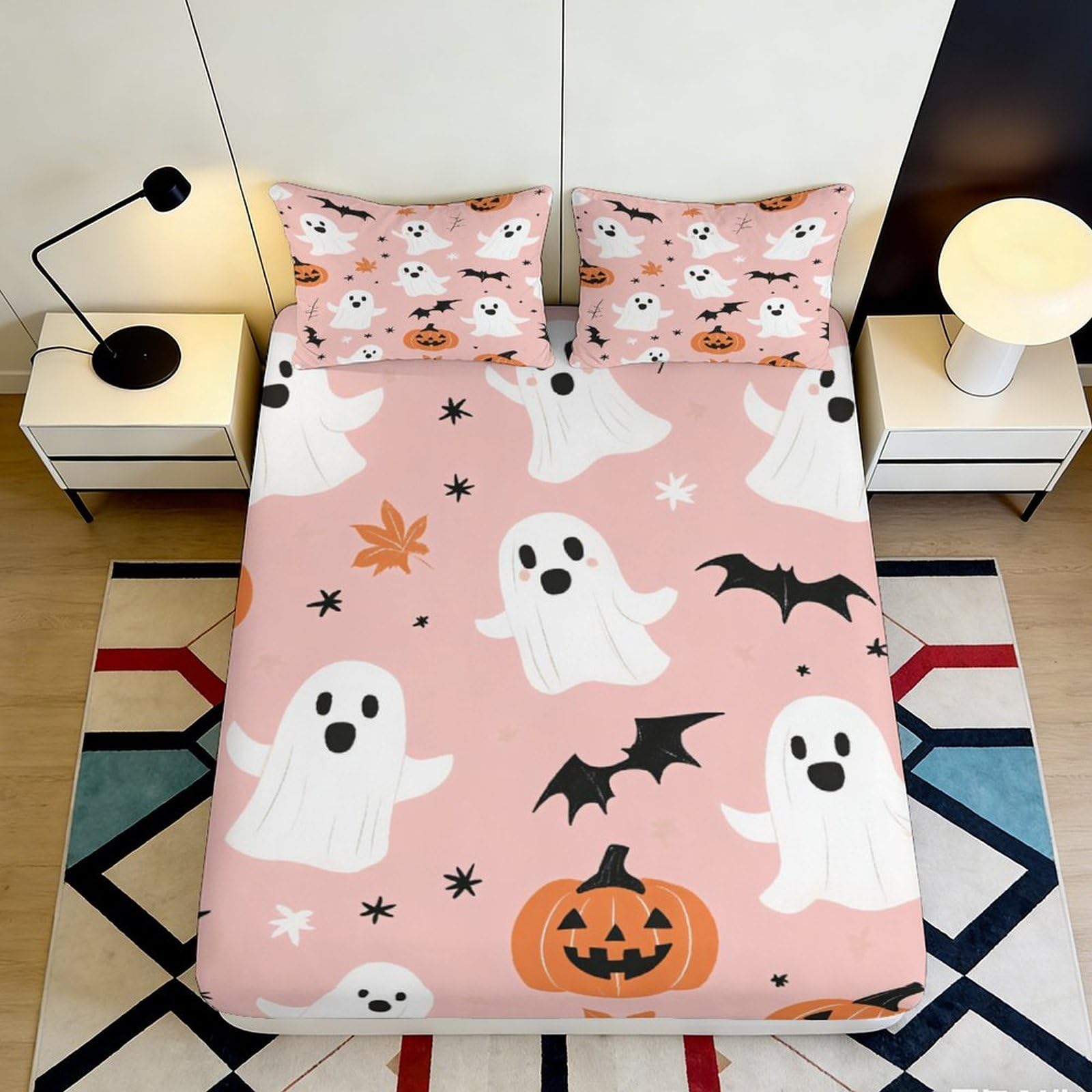 3D Printed Halloween Ghost Fitted Sheet Microfiber Pink Bat Pumpkin Mattress Cover for Bedroom Dorm Decoration 90x200x25cm