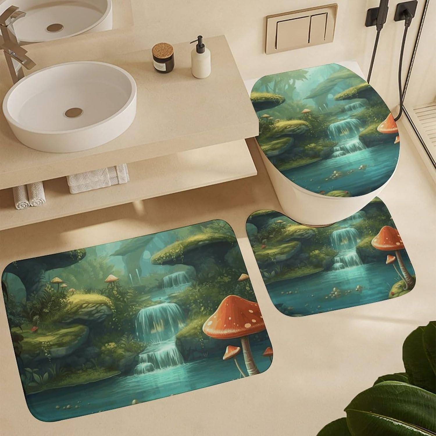 View of Fantasy River Shower Curtain Set 4 Piece, Non-Slip Bath Mat with Toilet Lid Cover and Waterproof Shower Curtain with 12 Hooks, Complete Bathroom Set for Home Decor