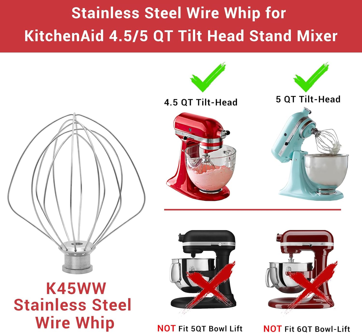 5 Quart Stainless Steel Mixer Bowl for KitchenAid Artisan & K45WW Stainless Steel Wire Whip Attachment for KitchenAid