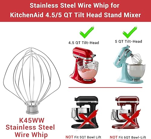 Miniatura 5 de K45WW Stainless Steel Wire Whip Attachment for KitchenAid, 6 Wire Whisk Replacement for KitchenAid 4.5-5 Quart Tilt-Head Stand Mixers, Dishwasher