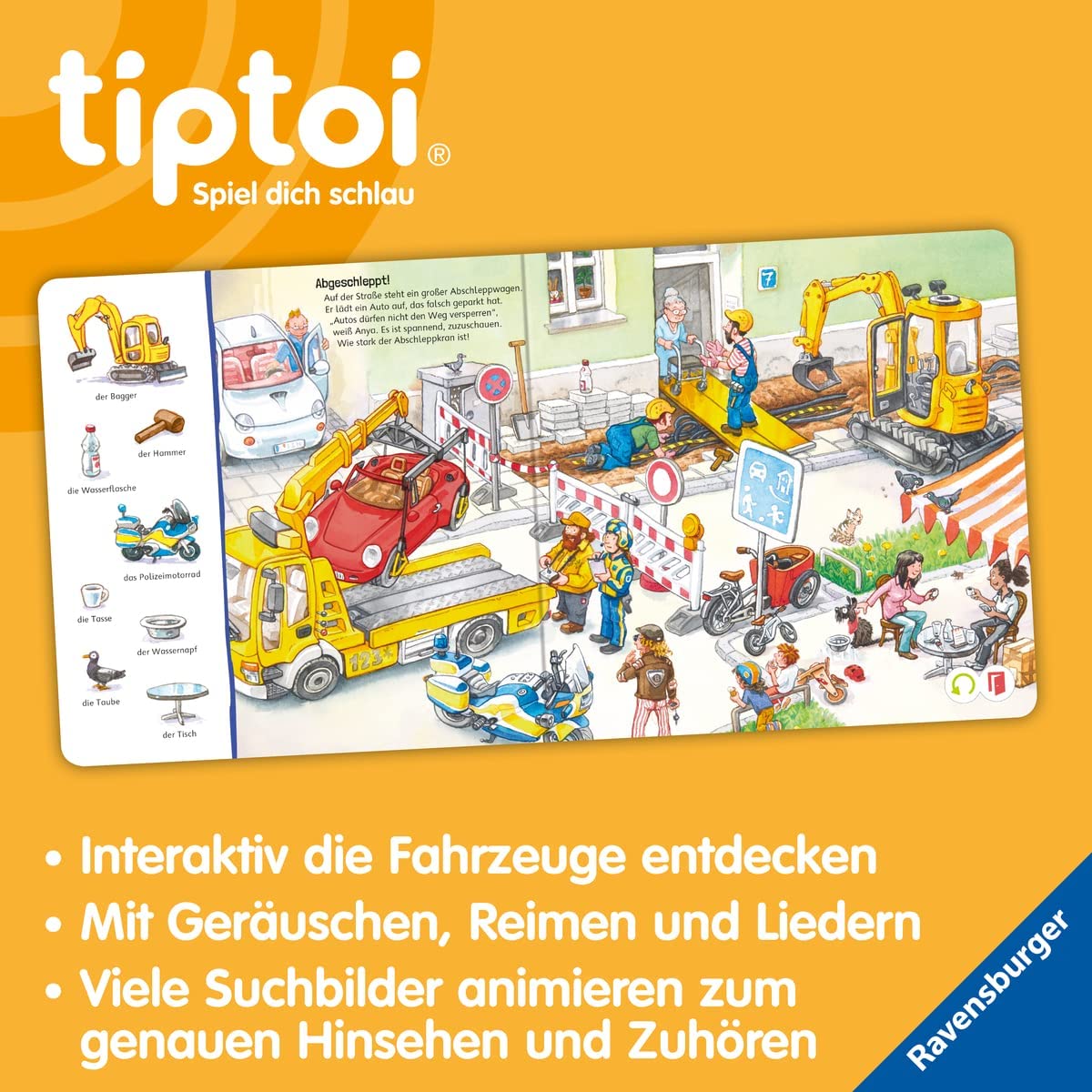 tiptoi Zestaw Ravensburger - Pojazdy (książka dla dzieci) + długopis 00110 + mapa świata dla dzieci, zabawka edukacyjna dla dzieci