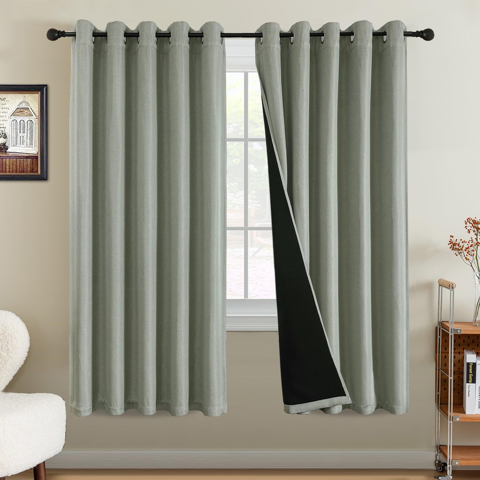 BellaHills 100% Blackout Curtains for Bedroom Thermal Faux Linen Curtain for Living Room Burlap Textured Eyelet Curtains & Drapes, 2 Panels, 66 x 72 Inch, Heather Sage