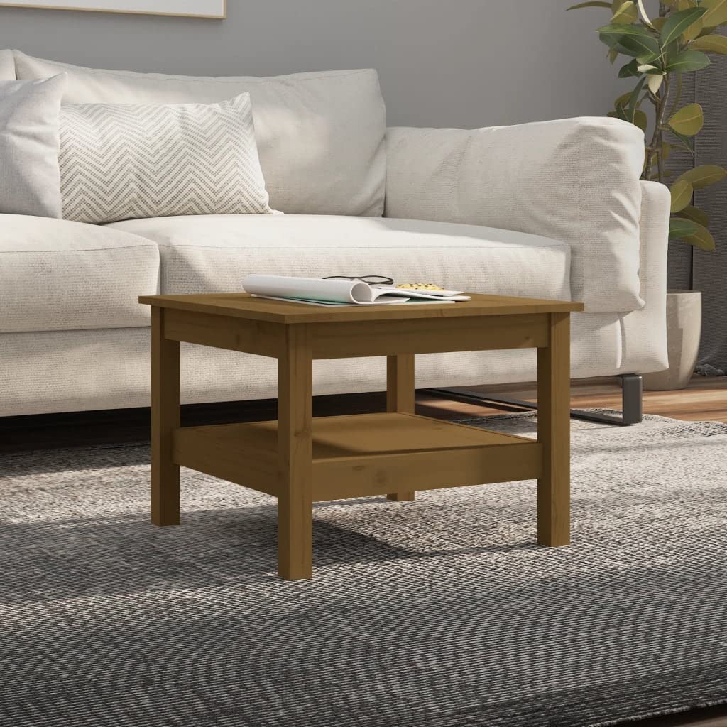 Mesa de centro marrón miel 55 x 55 x 40 cm de madera de pino maciza con estante para salón, mesa auxiliar, mesa de sofá, espacio de almacenamiento, muebles robustos, salón, banco, sillón, sala