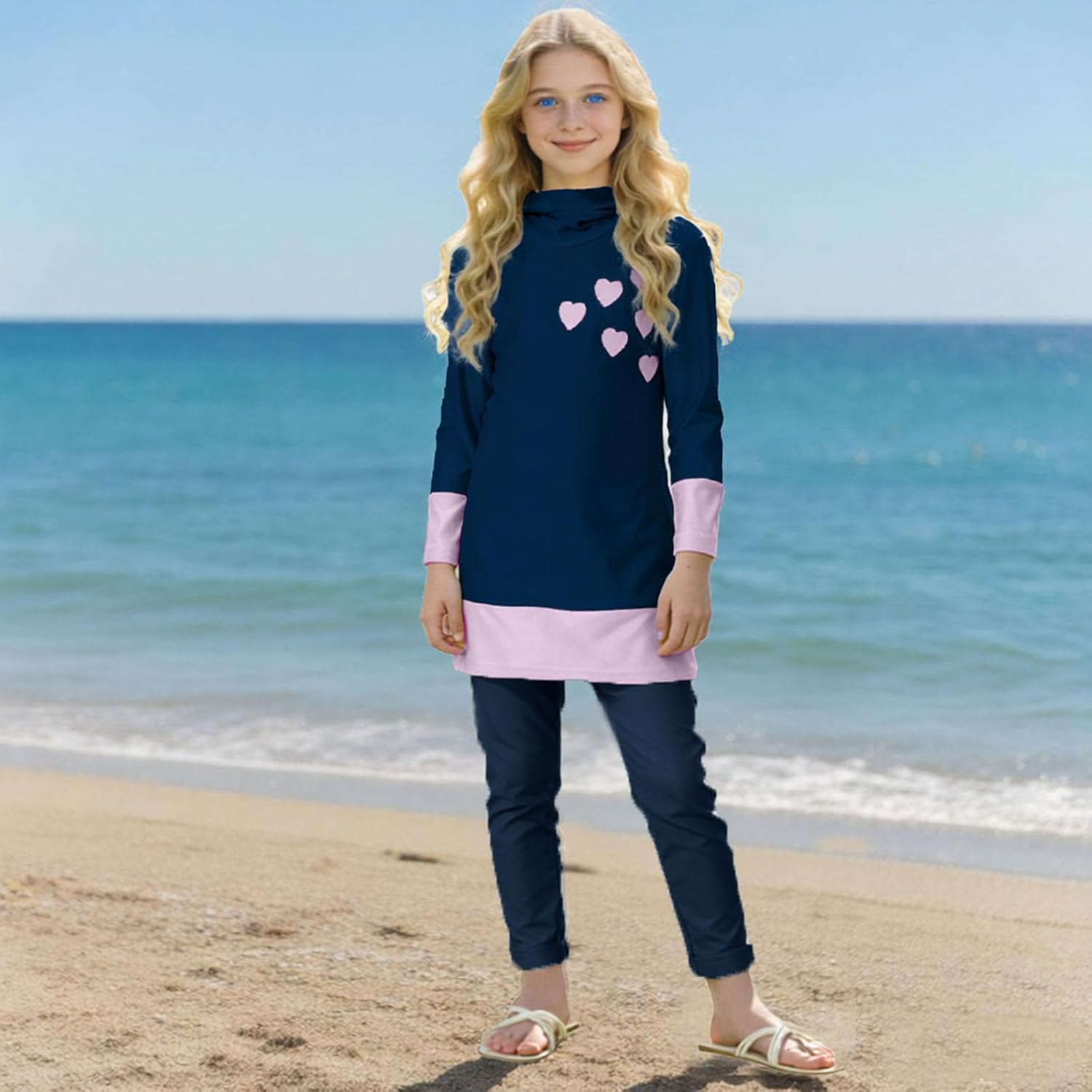 Girls Long Sleeve Modest Swim Tunic with Full Length Pants Two Piece Heart Print Rash Guard Set for Beach Swimming