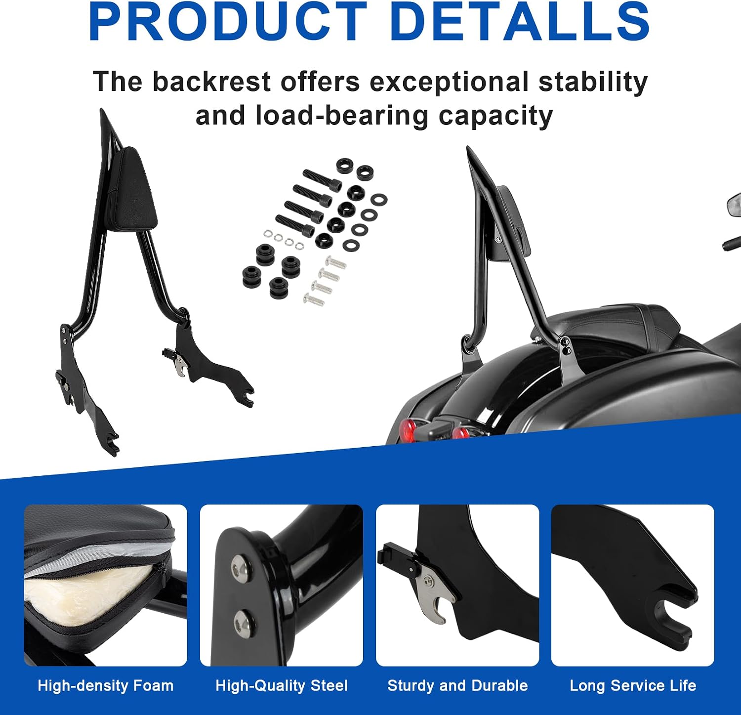 23" Passenger Sissy Bar with 2.5" Thick Backrest Pad, Fits for Low Rider FXLR FXLRS FXLRST Sport Glide FLSB 2018-2025, Heavy Duty Steel Rear Backrest for Long-Haul Comfort, Gloss Black