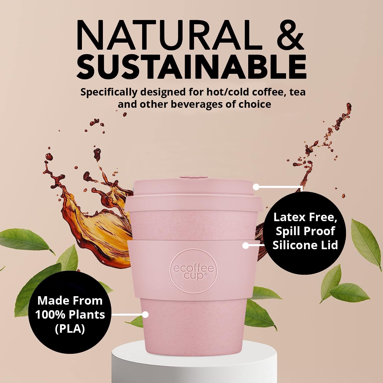 Ecoffee Cup 8oz (240ml) Reusable Coffee Cup – PLA Plant-Based Travel Mug with Silicone Lid, Melamine Free & Dishwasher Safe – Local Fluff