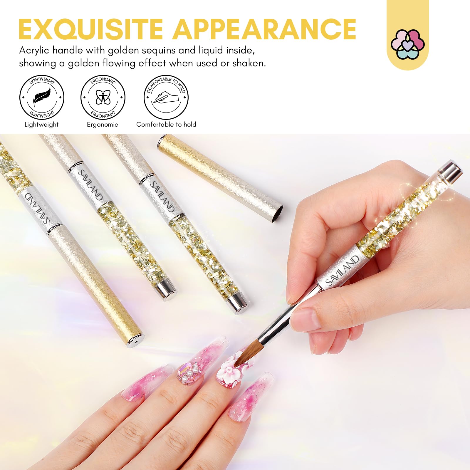 Saviland 4 Pinceaux pour Ongles Acryliques: Kolinsky Nail Art Professionnel, pour Poudre Acrylique (#6/10/12/16)