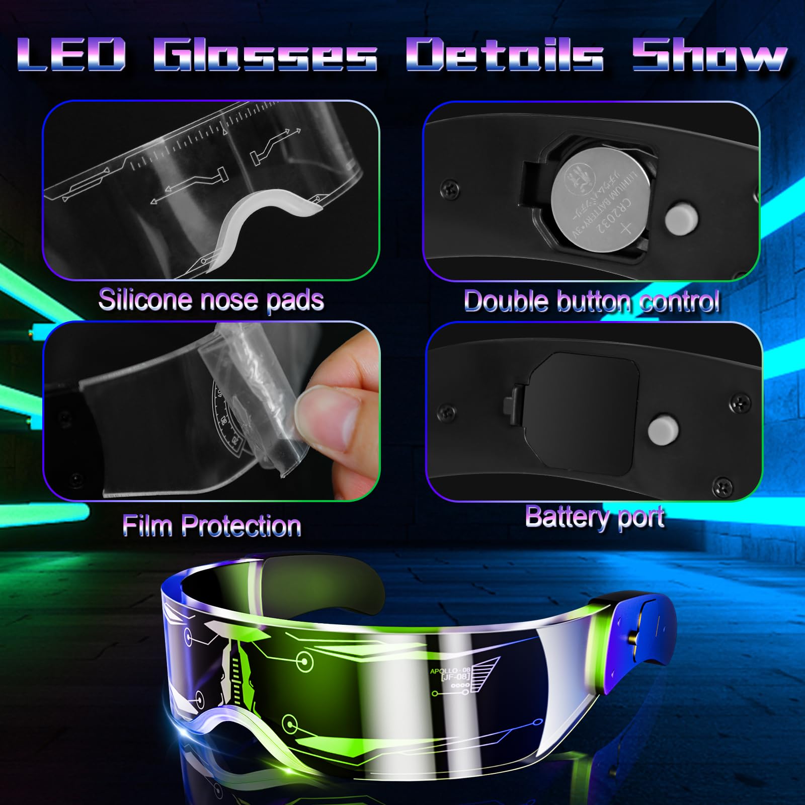 Tanganan 2pcs LED Visor Glasses, LED Light Up Glasses Neon Luminous Glasses 7 Color 5 Modes Cool LED Glasses for Adult (style C) - Image 3