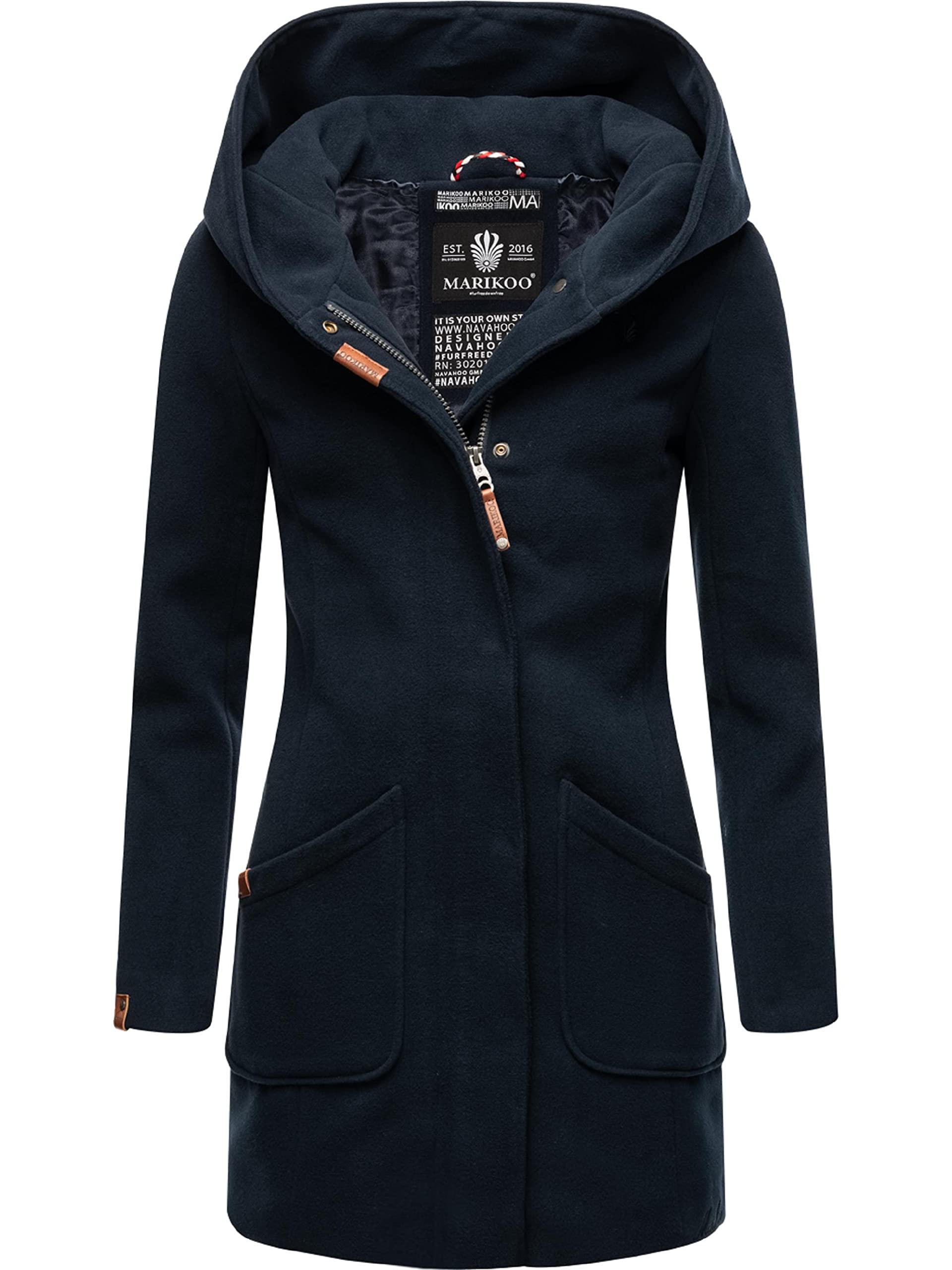 Marikoo Women's Dark Navy Coat In Wool Coat Look, Warm Trench Coat With Hood Maikoo Xs-5Xl, Xl