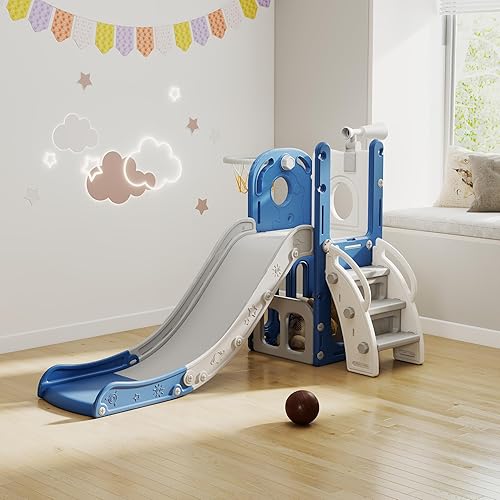Miniatura 8 de Kinsuite Tobogán 6 en 1 para niños pequeños de 1 a 3 años, juguetes de escalada para interiores, tobogán para niños pequeños con aro de baloncesto,