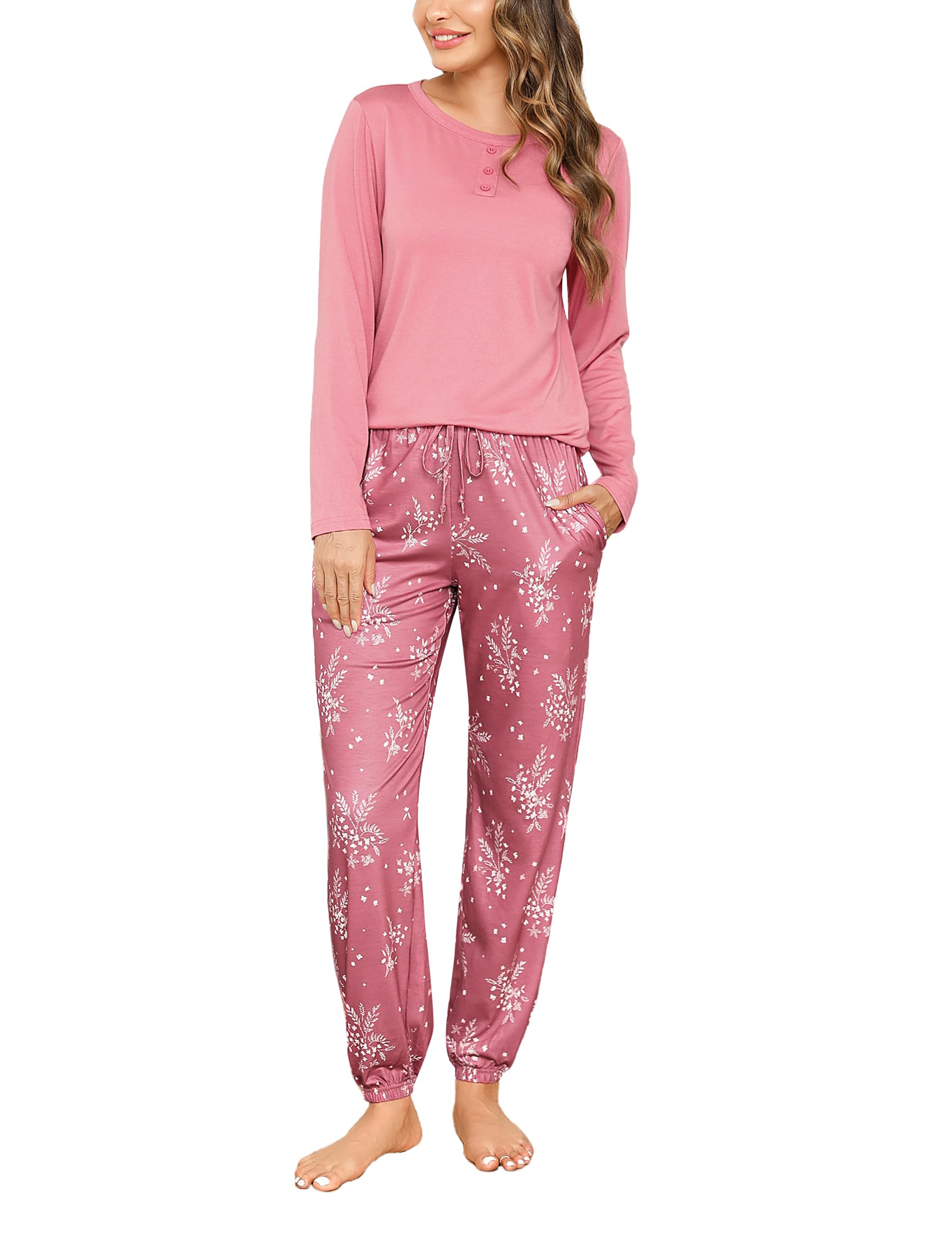 Jahetuul Damespyjamaset, katoenen pyjama voor dames, loungewear sets, korte mouwen, V-hals, top en geruite broek met zakken, trekkoord, S-3XL, Blauw, 3XL