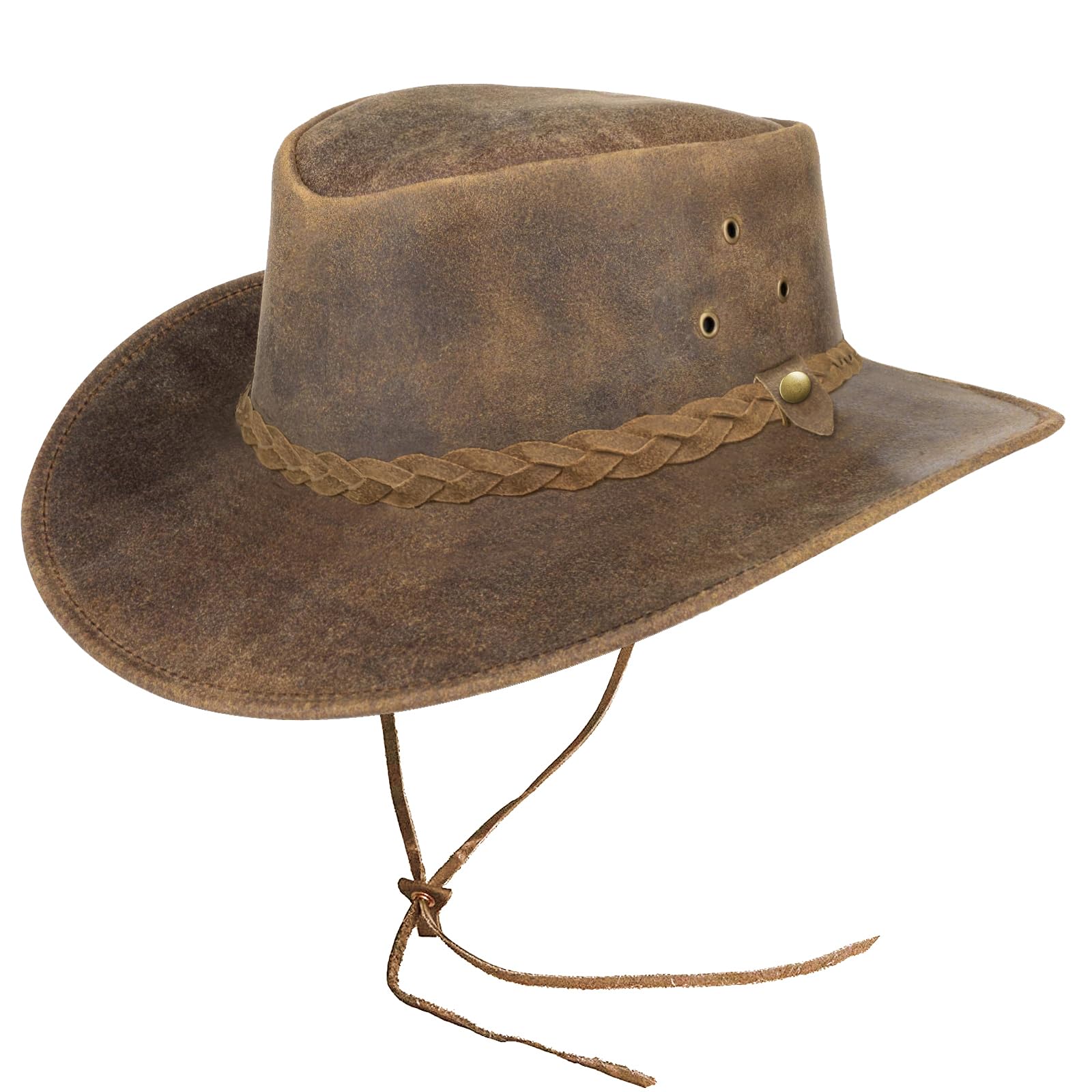Pamposh Sombrero de vaquero de cuero para hombres y mujeres, hecho a mano, ligero, moldeable, duradero, de ala ancha, sombrero de vaquera, Marrón-01, L