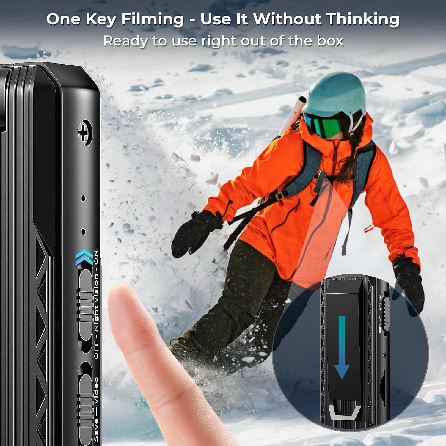 Close-up of the Brathird K3 Mini Body Camera's slide switch for one-key filming, with a finger sliding it down.