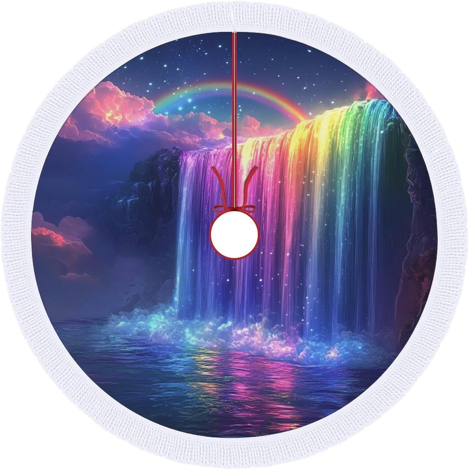 Colorful Waterfall Landscape Christmas Tree Skirt Round Xmas Tree Mat Ornaments Tree Skirts with Tassels for Holiday Party