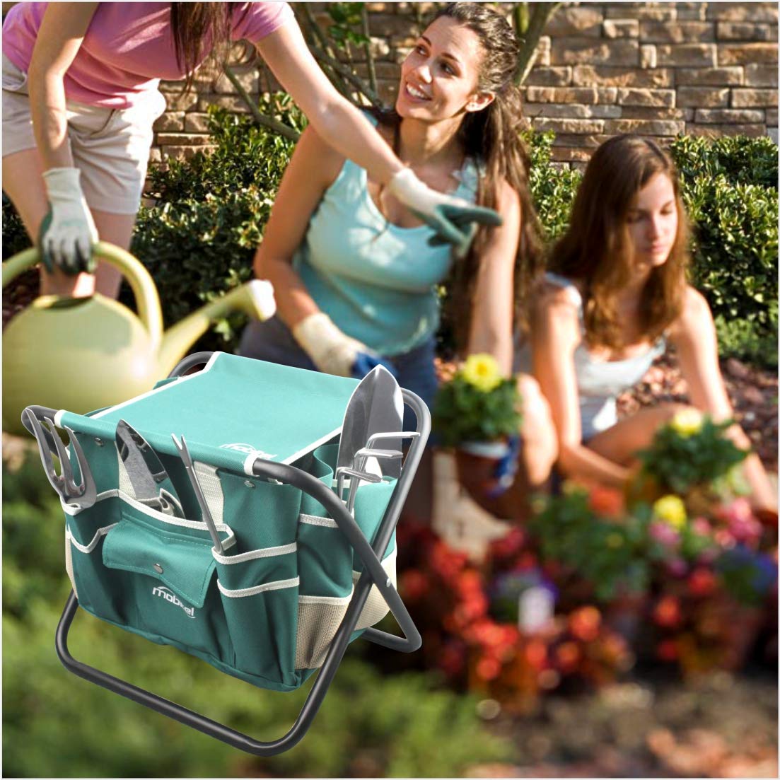 Juego de herramientas de jardín - Kit de herramientas de regalo de jardinería resistente que incluye taburete plegable con bolsa de herramientas, 5 herramientas resistentes de acero inoxidable (paleta