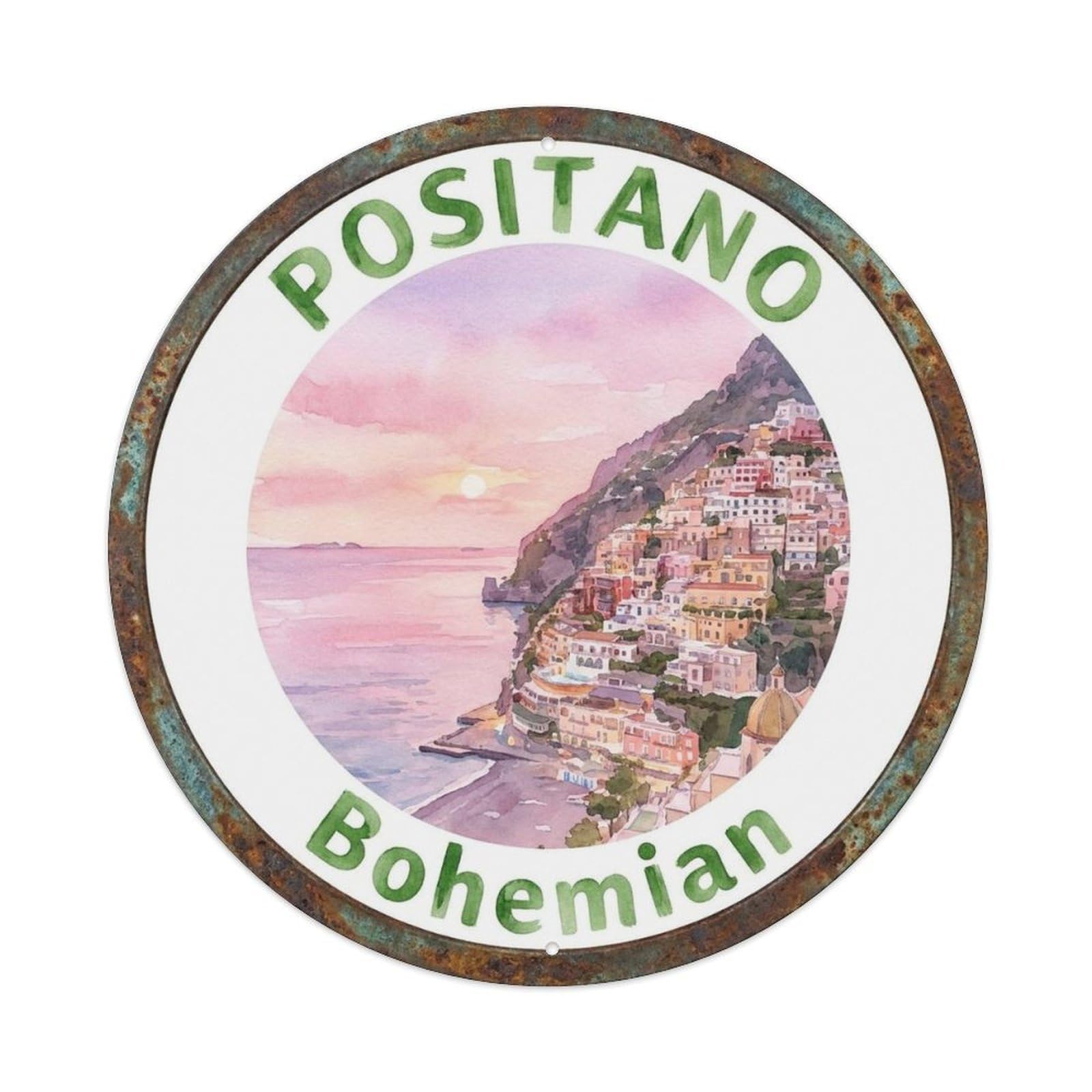 Campania Positano Seaside Crest Vintage Southern Italy Metal Tin Sign Plaque Wall Decor for Cafe, Man Cave, Club Bar, Office, Home Garden Round Metal Poster 8x8Inch