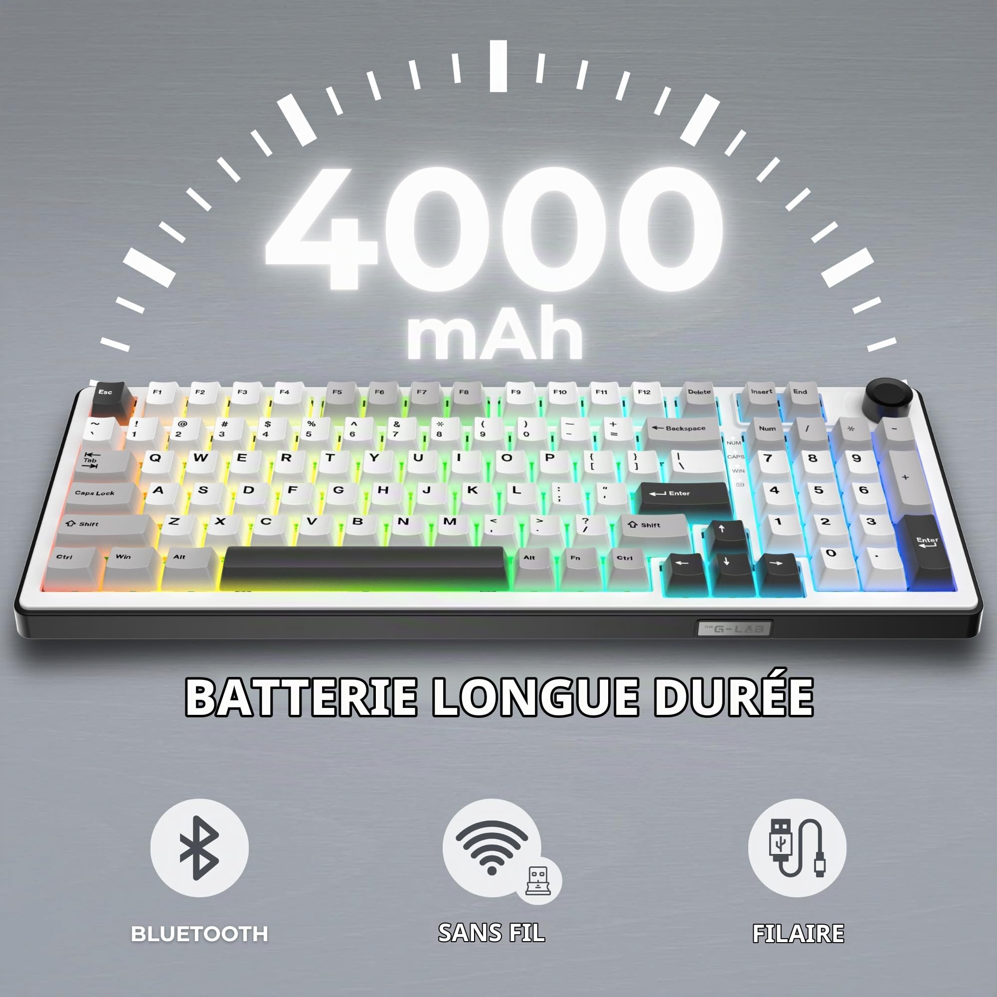 The G-Lab Keyz Elite 400 WG - Clavier Gamer sans Fil Mécanique Hot-Swap RGB | QWERTY US, Sans Fil Tri Mode 2.4GHz/Bluetooth/Filaire, Switch Mécanique Hot Swap Pré-lubrifiés, Gasket 5 Couches