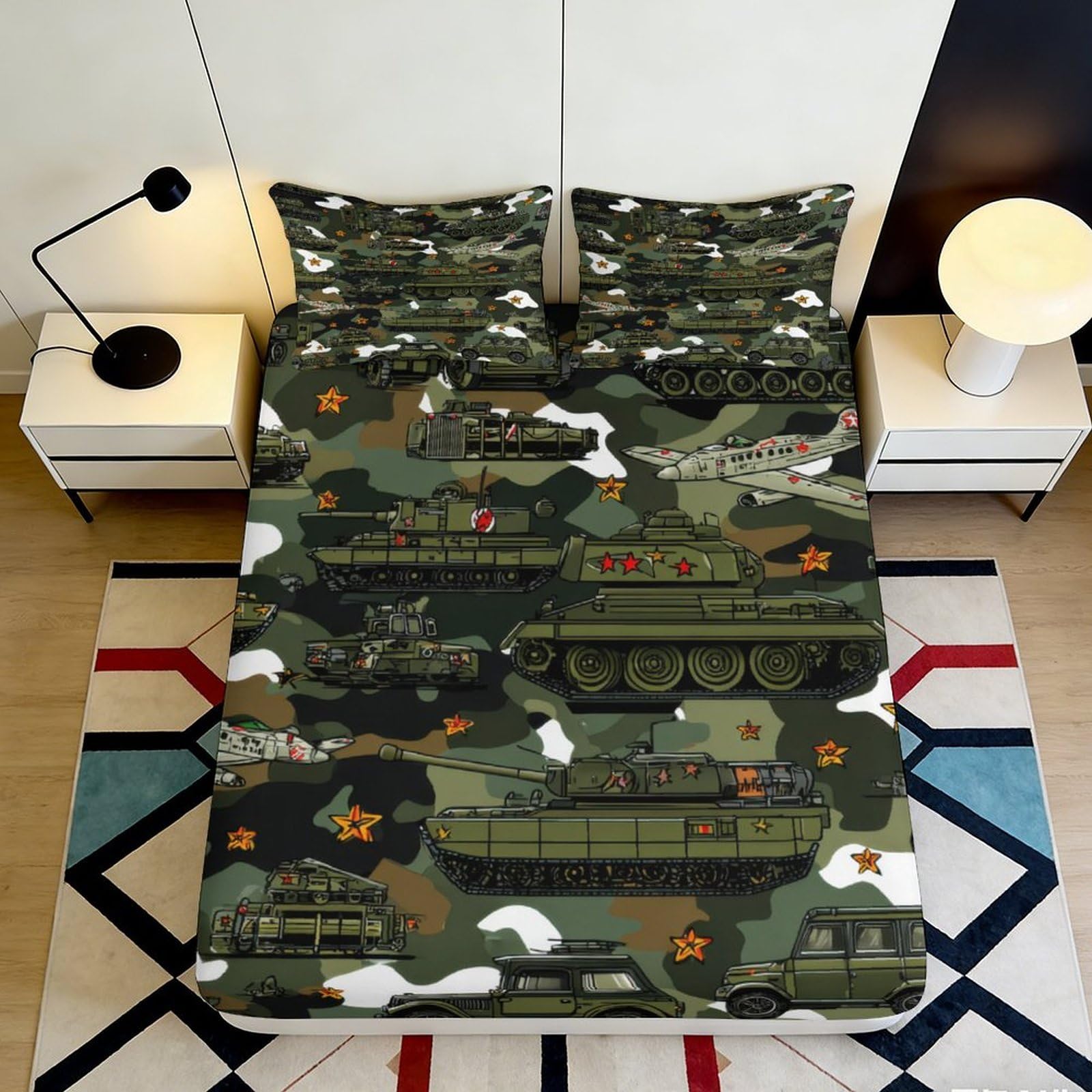 3D Printed Camouflage Military Tank Fitted Sheet Microfiber Soft Durable Army Vehicles Bed Cover for Bedroom Dormitory Guest Room Mattress Protection 120x200x25cm