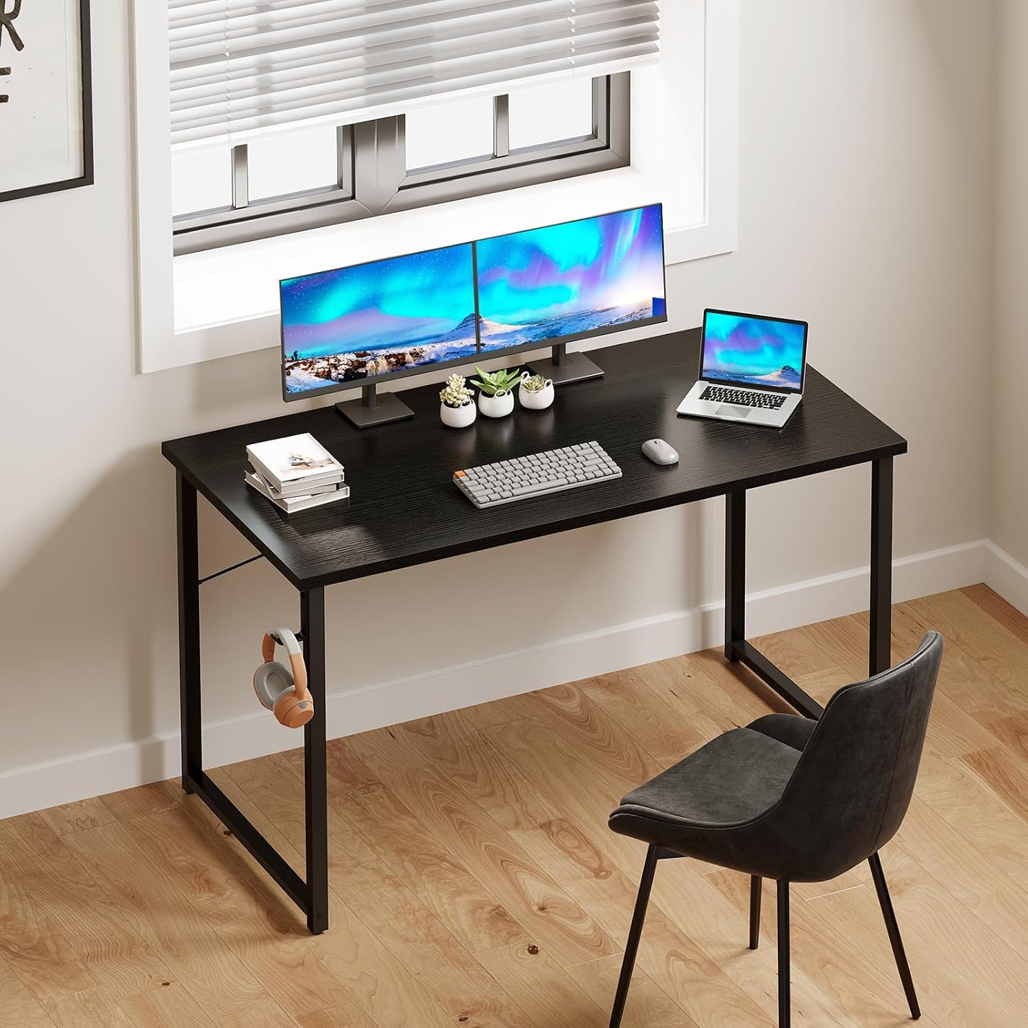 Compact Black Writing Desk with Headphone Hooks for Small Spaces