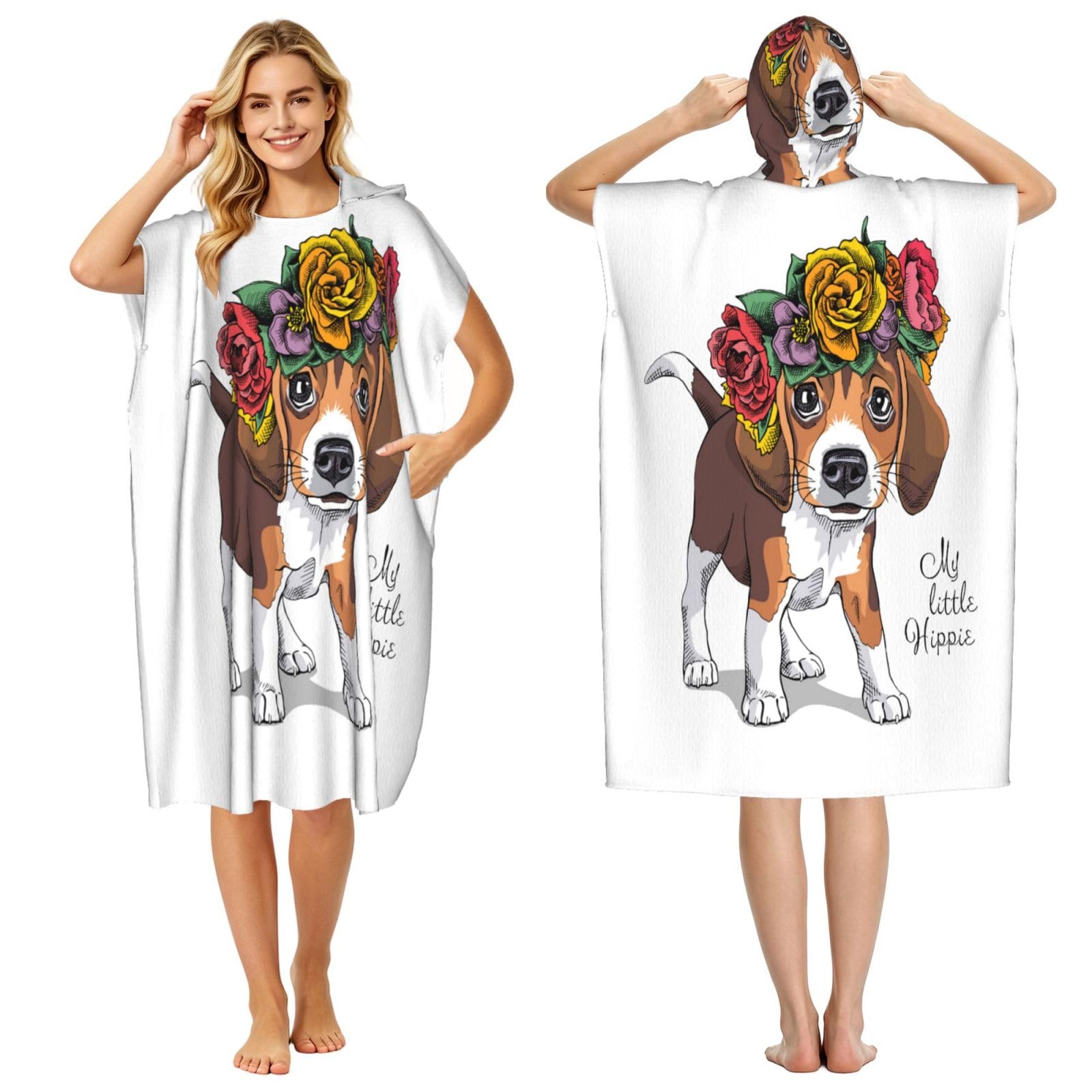 Poadnly Puppy Beagle Floral Head Wreath, Adult Hooded Beach Towel 90 x 110 cm,Changing Bath Robe, Surf Poncho Towel For Women Men