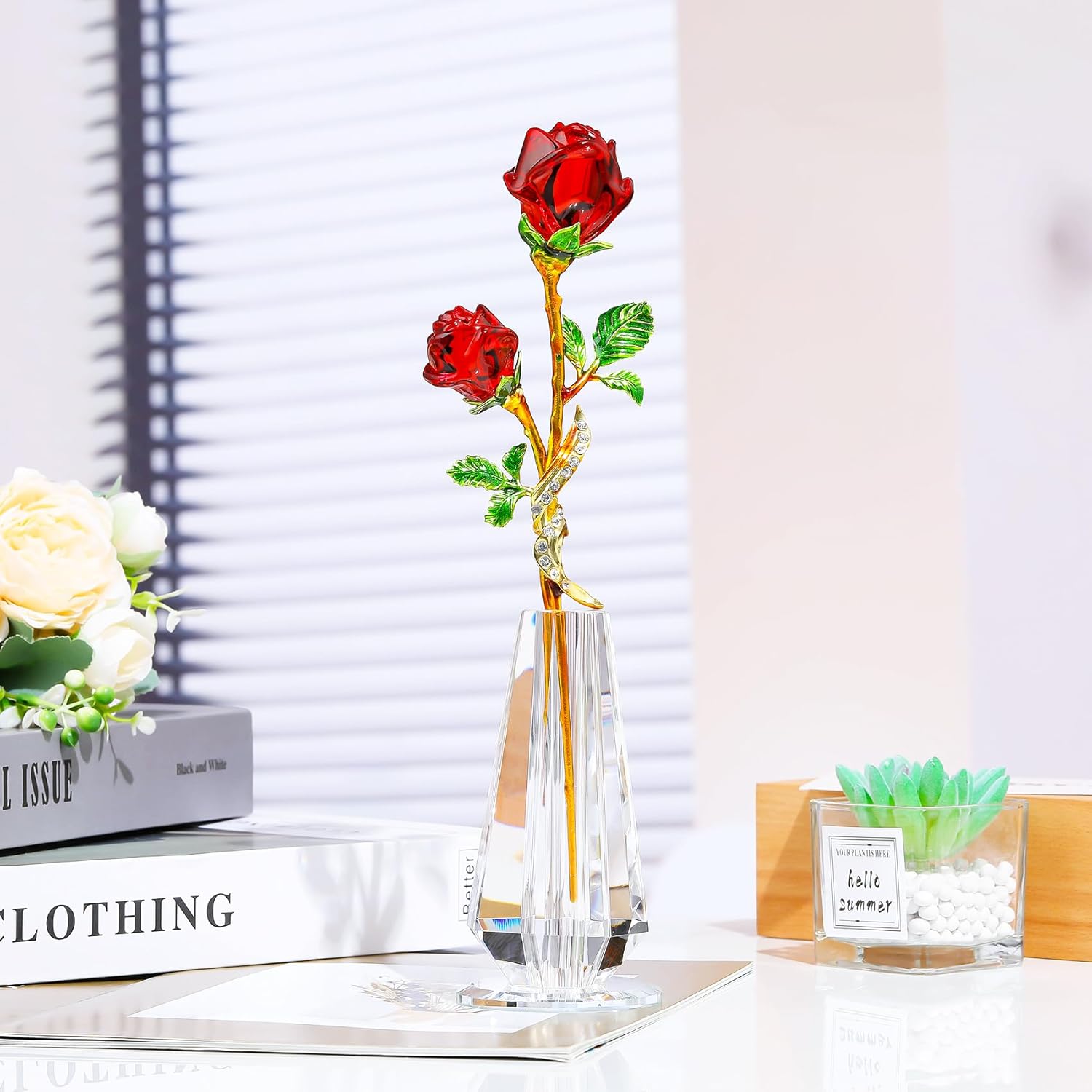 YWHL Handmade Red Rose Flower Crystal Figurine with Vase, Bouquet Glass Flowers Ornament Rose Gifts for Wife Girlfriend Women, Crystal Flower Home Table Decor for Anniversary Wedding - Image 2