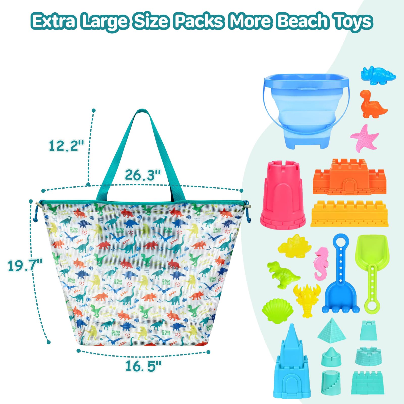 Bolsa de juguetes de playa extra grande con cordón, bolsa de malla plegable ligera para juguetes de arena, verde dinosaurio