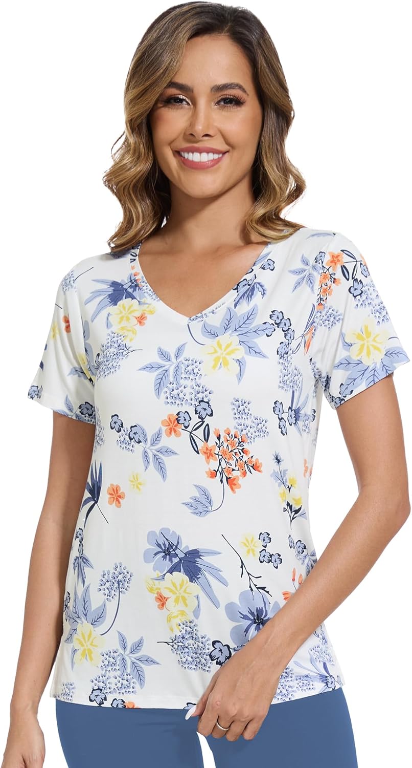 WiWi Viscose from Bamboo Pajama Tops for Women Super Soft Short Sleeve Tee V Neck Sleep Cooling T-Shirt Pjs Sleepwear S-XXL