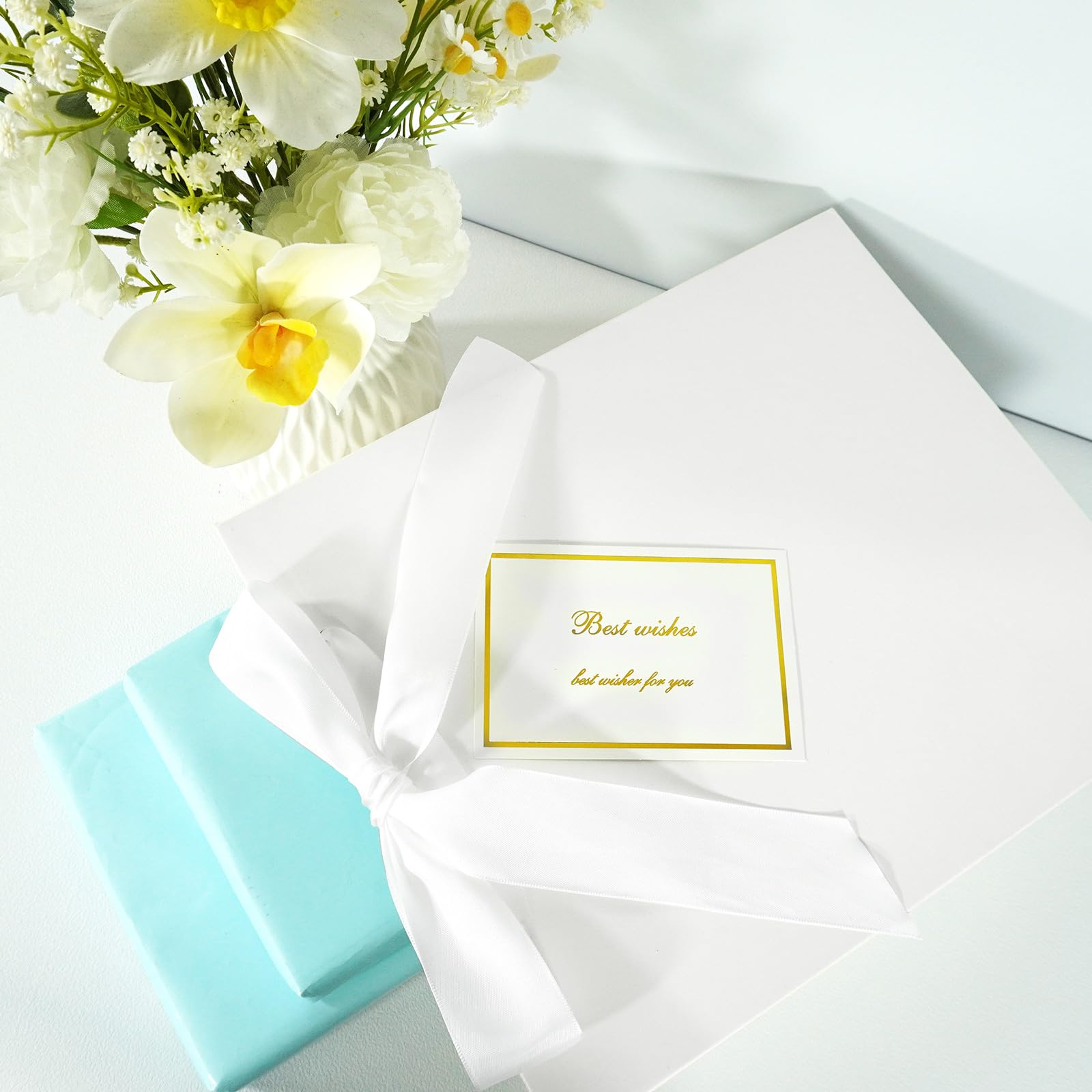 Elegant White Gift Bag 10.2"x4.7"x12.2" with Ribbons Handles, Includes Card and Tissue Papers for Weddings, Birthdays, Baby Shower, Parties, Holidays