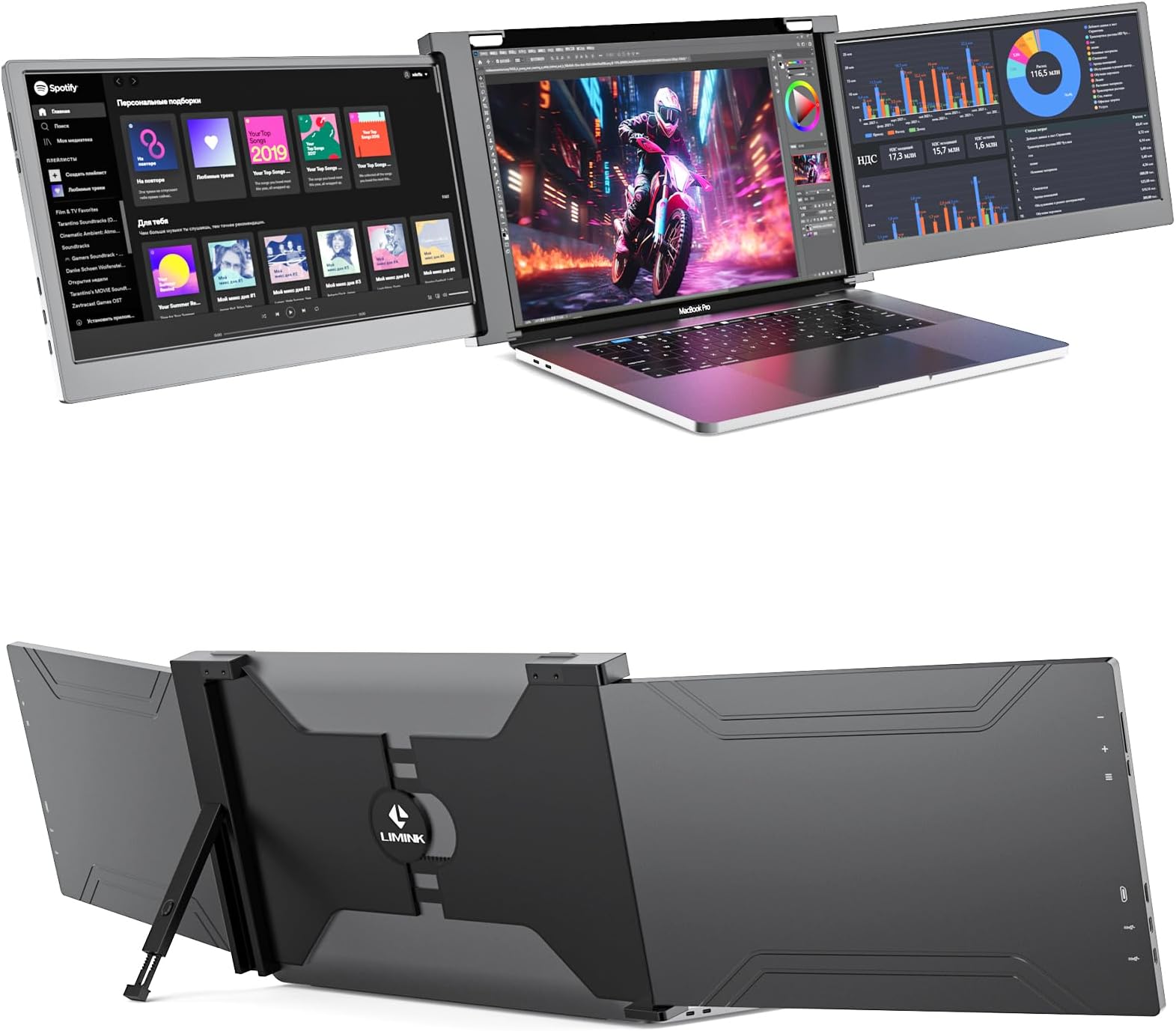 L LIMINK S19 14" Triple Portable Monitor for Laptop, 14" Laptop Screen Extender, FHD 1080p, 178° IPS, Plug-Play, Clip on 14"-17" Laptops