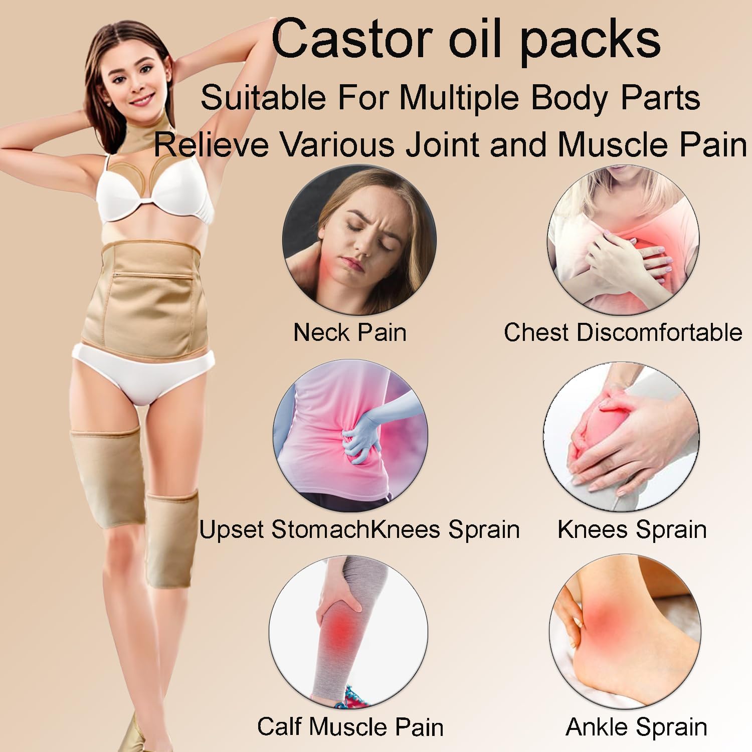 Organic Cotton Castor Oil Pack Wrap,9 Pcs Reusable Pack Kit for Neck Chest Waist Back Knee and Feet,Hot or Cold Compress Castor Oil Pads Kit with Adjustable Elastic Strap