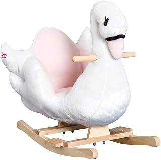 Qaba Plush Swan Rocking Horse Toy with Lullaby Music - Safe Ride-On for Toddlers 18 Months+, Soft White Pink Plush
